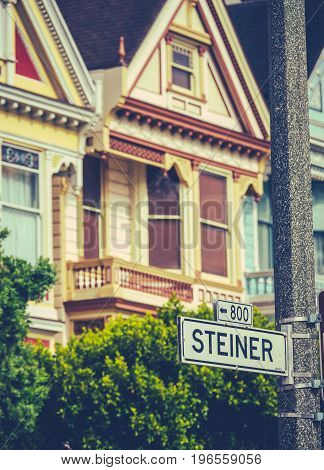 Detail Of Colourful Victorian Houses On Steiner Street In San Francisco