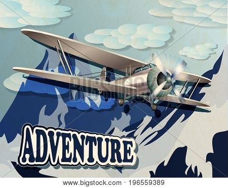 Retro poster with mountain and vintage biplane