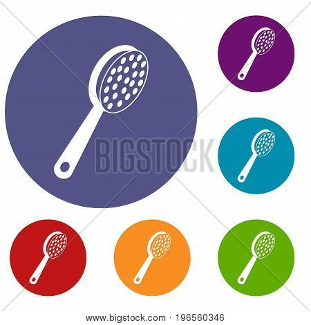 Pumice icons set in flat circle red, blue and green color for web