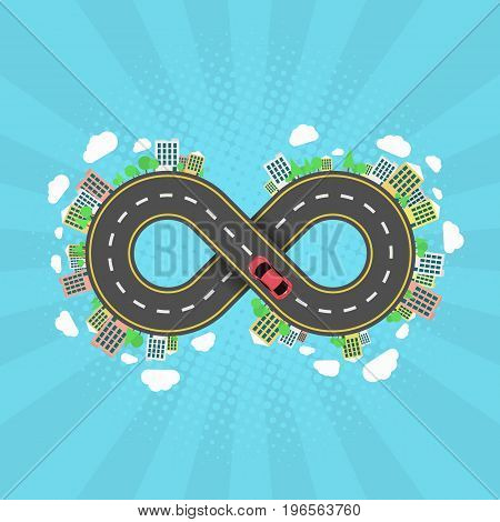 Infinity road. An endless journey through the world. The carriageway. Cartoon car is driving along the road. Halftone effect with rays. Cities and settlements. Trees and plants. Vector illustration