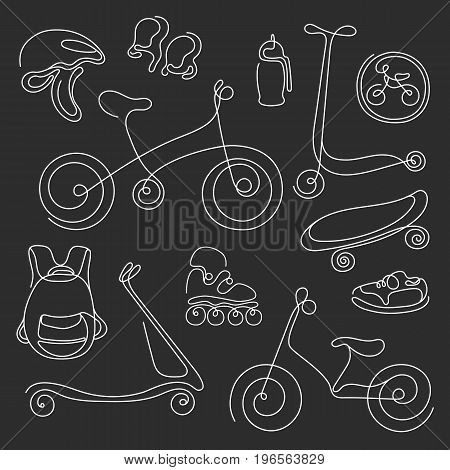 Line art set. Doodle sketch of sporting goods for kids. Vector icons Illustration. Scooter rollers skate bike sneakers backpack helmet. Summer children's holiday