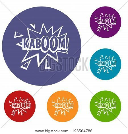 Kaboom, explosion icons set in flat circle red, blue and green color for web