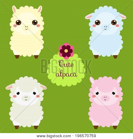 Cute lamas. Cartoon llama characters. Happy kawaii alpaca. Vector illustration for kids and babies fashion. Animals Stickers