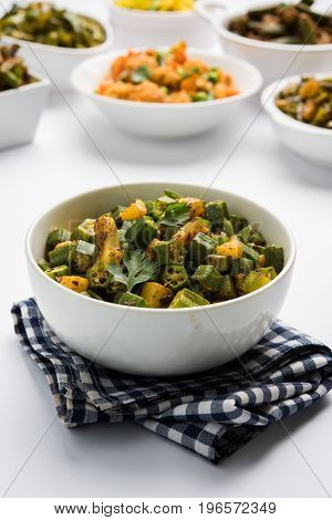 Indian masala fried bhindi or bhendi or Okra or ladyfinger curry or sabji, selective focus