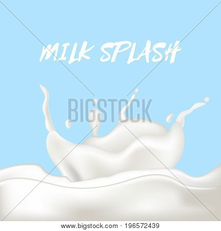Abstract realistic milk drop with splashes isolated on blue background. vector illustration.
