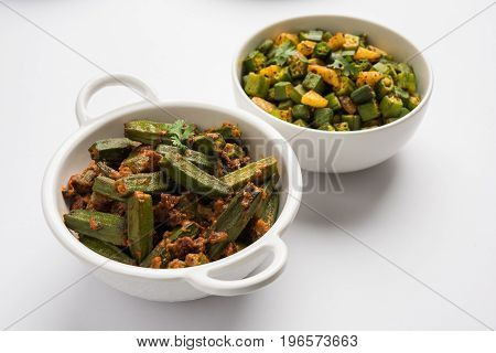 Indian masala fried bhindi or bhendi or Okra or ladyfinger curry or sabji, selective focus