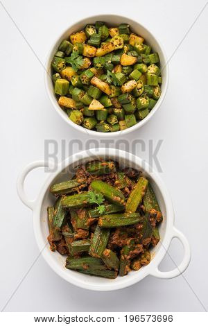 Indian masala fried bhindi or bhendi or Okra or ladyfinger curry or sabji, selective focus