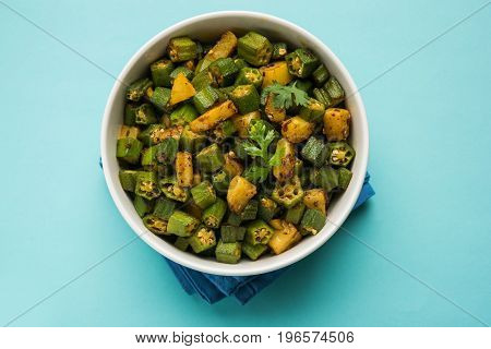 Indian masala fried bhindi or bhendi or Okra or ladyfinger curry or sabji, selective focus