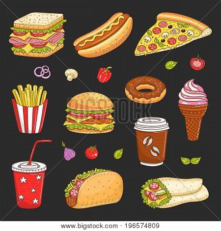 Vector set of fast food hand drawn illustration, with burger, hot dog, sandwich, hamburger, wrap sandwich, soda cup, ice cream, pizza, French fries, donut, coffee cup, taco isolated on black