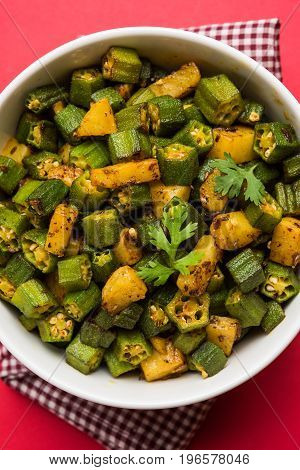 Indian masala fried bhindi or bhendi or Okra or ladyfinger curry or sabji, selective focus
