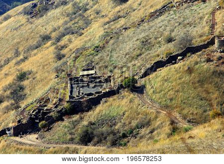 Israeli national park Gamla fortress at the Golan Heights - symbol of heroism