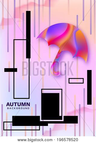 Autumn abstract color poster in trendy 90s style with umbrella, geometric shapes, fluid and liguid texture, fashion bright background, template for banner, cover, invitation, vector illustration