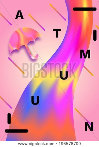 Autumn abstract color poster in trendy 90s style with umbrella, geometric shapes, fluid and liguid texture, fashion bright background, template for banner, cover, invitation, vector illustration