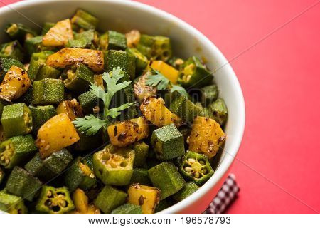 Indian masala fried bhindi or bhendi or Okra or ladyfinger curry or sabji, selective focus