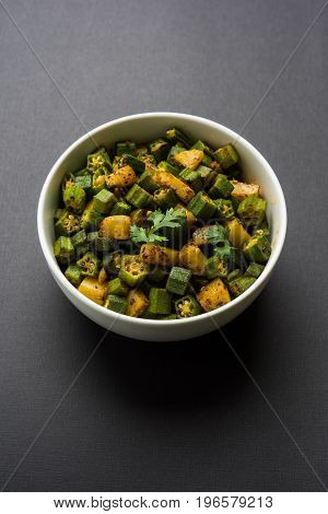 Indian masala fried bhindi or bhendi or Okra or ladyfinger curry or sabji, selective focus