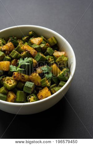 Indian masala fried bhindi or bhendi or Okra or ladyfinger curry or sabji, selective focus