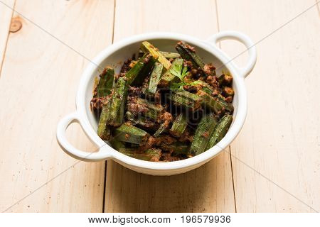 Indian masala fried bhindi or bhendi or Okra or ladyfinger curry or sabji, selective focus