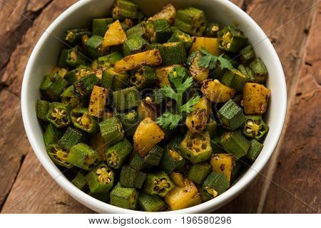 Indian masala fried bhindi or bhendi or Okra or ladyfinger curry or sabji, selective focus