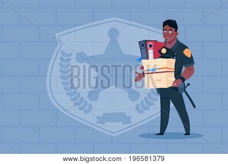 African American Policeman Fired Hold Box With Working Staff Wearing Uniform Cop Guard Over Brick Background Flat Vector Illustration