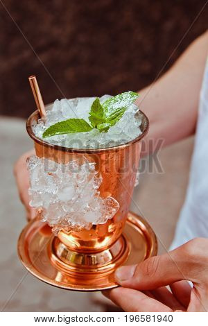 Beautiful Fresh Cool Summer Fruit Smoothie With Raspberry Ice With Mint Leaves In Gold Cremant