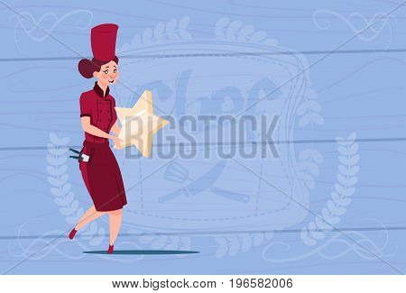 Female Cook Holding Star Best Chef Award Happy Cartoon Chief In Restaurant Uniform Over Wooden Textured Background Flat Vector Illustration