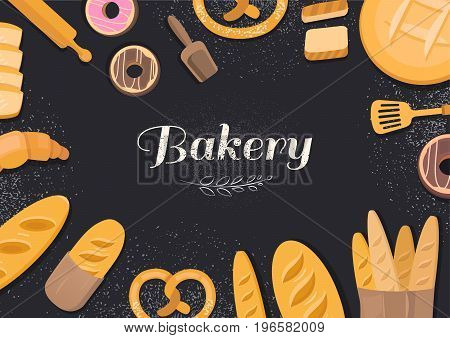 Products bakery on black background. Menu vector template cafe bakery. Collection of vector elements bread, flour, donut, baguette, croissant. Illustration of baking.