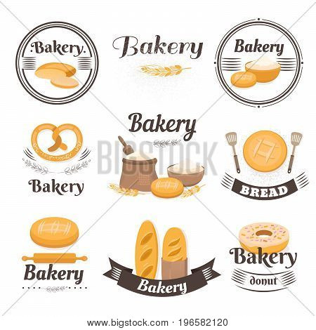 Collection of vintage bakery logo. Retro bakery labels and baking. Set of elements bread, loaf, bun, baguette, donut, pretzel, flour. Templates for business cards, menu banners coupons packaging