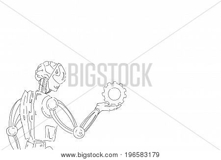 Modern Robot Hold Cog Wheel Artificial Intelligence Technology Skecth Vector Illustration