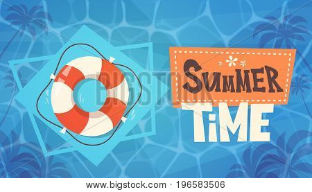 Summer Time Vacation On Sea Life Buoy In Water Retro Banner Seaside Holiday Flat Vector Illustration