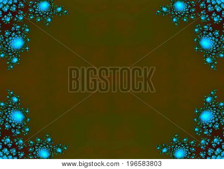 Symmetry turquoise blue and brown flower design decor on green fency empty background