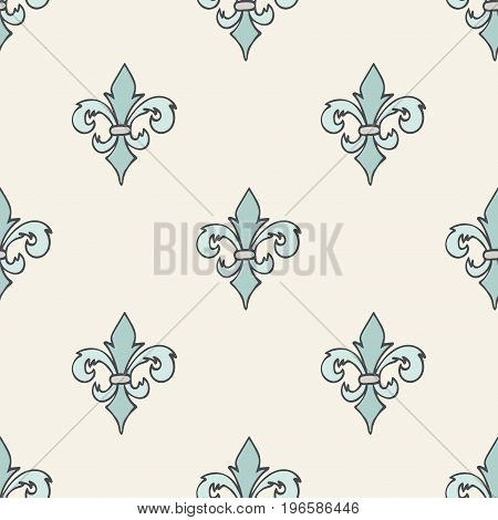 Pastel blue gray beige seamless pattern with hand drawn doodle royal floral ornament. French fleur-de-lis element. Flourish damask infinity background. Vector illustration.