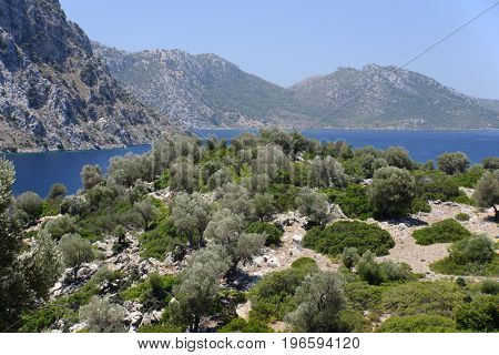 view of Camellia island in Hisaronu Bay, Aegean sea, Turkey
