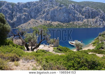 view of Camellia island in Hisaronu Bay, Aegean sea, Turkey