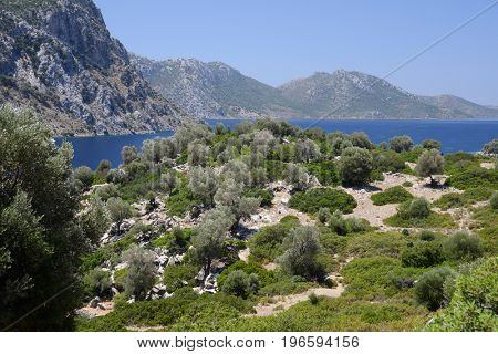 view of Camellia island in Hisaronu Bay, Aegean sea, Turkey