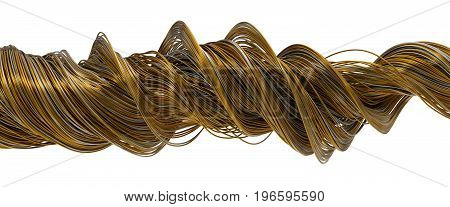 3d illustration of twisting gold and steel wires isolated on white.