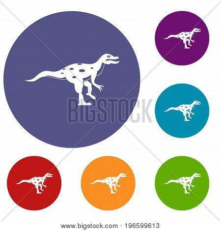 Ornithopod dinosaur icons set in flat circle red, blue and green color for web