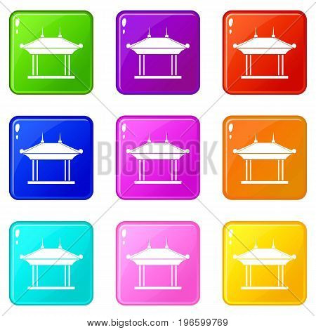 Pagoda icons of 9 color set isolated vector illustration