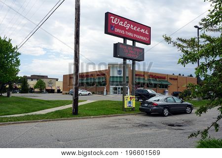 BIG RAPIDS, MICHIGAN / UNITED STATES - MAY 22, 2017: One may fill prescriptions and purchase other merchandise at the Walgreens Pharmacy on State Street.