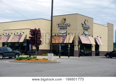 BIG RAPIDS, MICHIGAN / UNITED STATES - MAY 22, 2017: Panera Bread offers soups, salads, pasta, sandwiches, specialty drinks, and bakery items on State Street.