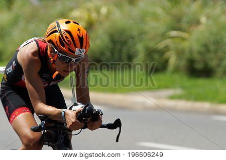 NICE - JULY 27 2017 : IRONMAN Nice 2017. Competitor at the end of the 180 km bike tour. Charlene OTTEVAERE (104) finishing the bike tour.
