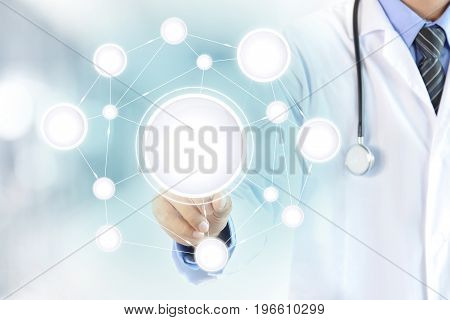 Doctor hand touching blank circle on virtual screen healthcare and medical background concept - can montage your texts (pictures) inside circles