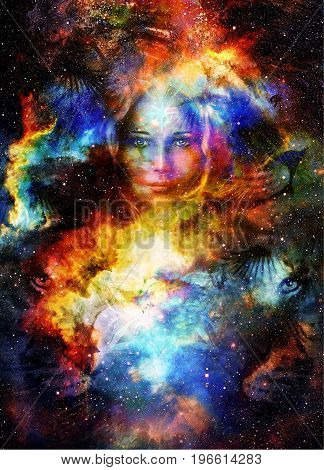 Goodnes woman and lion in space with galaxi and stars. profile portrait, eye contact