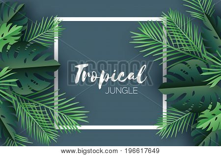 Trendy Summer Tropical palm leaves, plants. Paper cut style. Exotic Hawaiian summertime. Space for text. Square frame. Beautiful dark green jungle floral background.Monstera, palm. Vector illustration