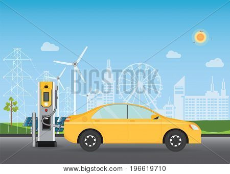 Electric cars charging at the charger station the solar panels and wind turbines on City building skyline backgroundEco green city theme conceptual vector illustration.