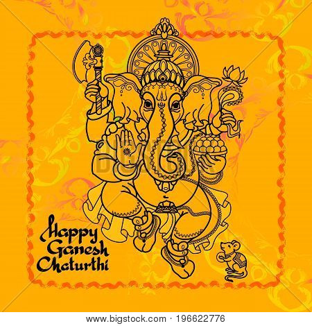 Hindu God Ganesha. Hand drawn Vector illustration.  Black line  on yellow background. Handwritten words Happy Ganesh Chaturthi.