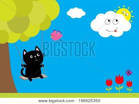 Cat ride on the swing. Tulip flower set with leaf and flying butterfly insect. Tree plant flying bird smiling cloud sun. Floral plant decoration element. Flat design. Blue sky background. Vector