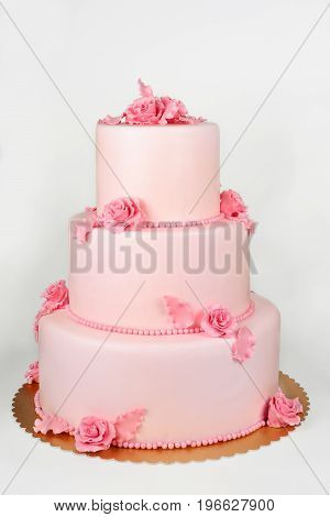 Large cake on white is shot vertically in the studio