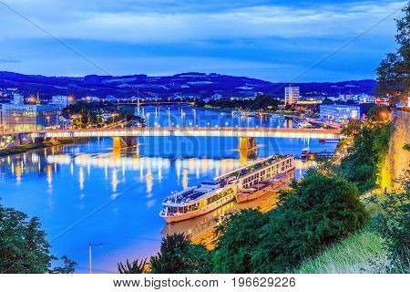 Linz Austria. Nibelungen bridge over the Danube river.