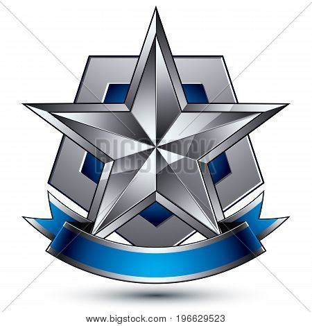 Heraldic 3d glossy blue and gray icon - can be used in web and graphic design complicated silver star placed over shield magnificent element with elegant ribbon clear EPS 8 vector.