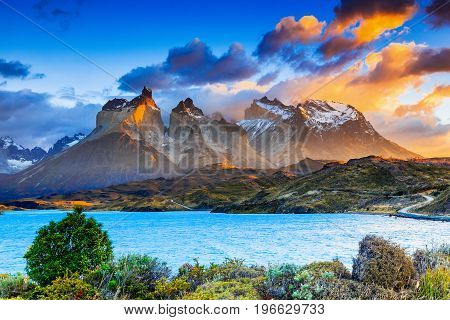 Torres Del Paine National Park Chile. Sunrise at the Pehoe lake.